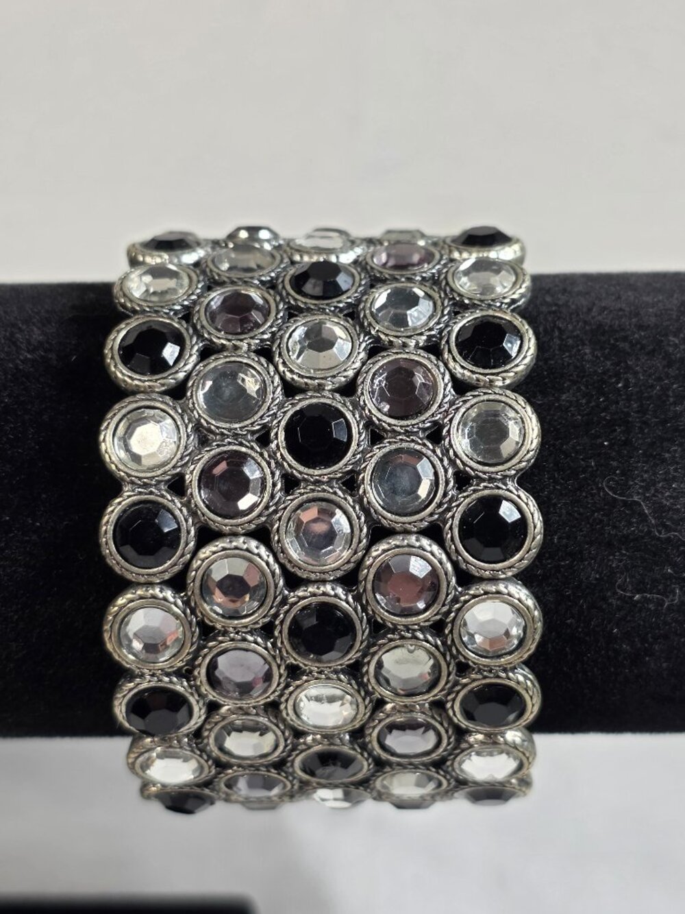 Wide Stretch Cuff Bracelet Silver-Tone Metal Frame Black White & Gray Rhinestone